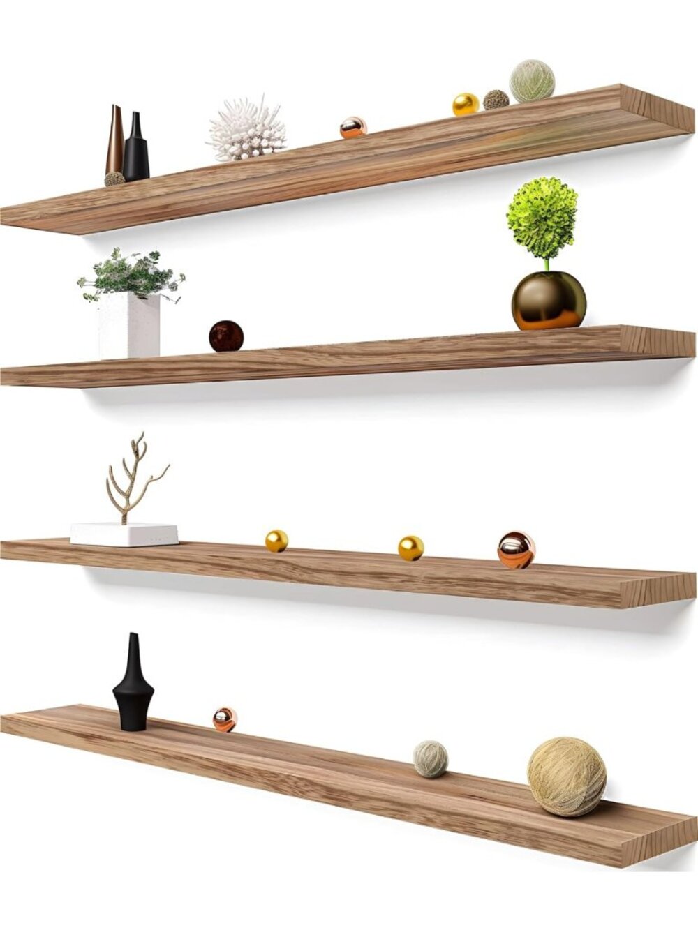 Set of 4 Rustic 48-Inch Light Wood Floating Wall Shelves for Bedroom & Living